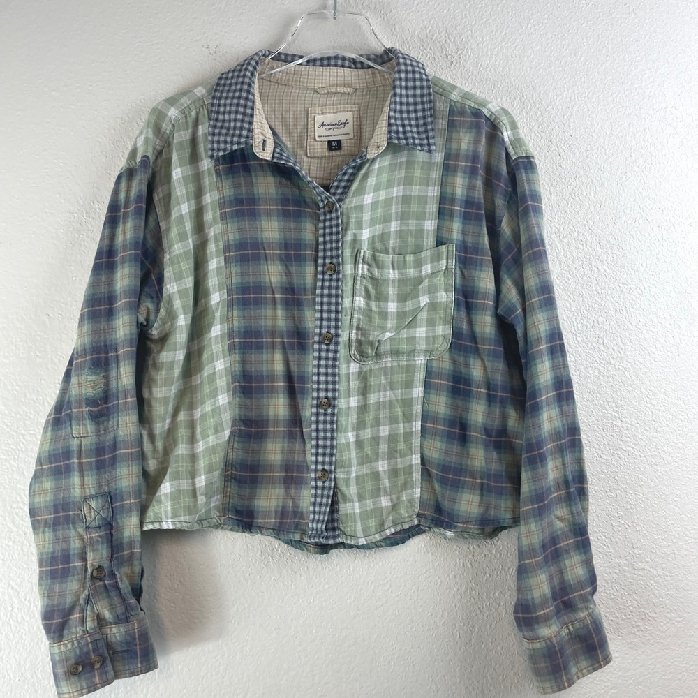 American Eagle Mixed Plaid Patchwork Cropped‎ Button Down Shirt Oversized Medium